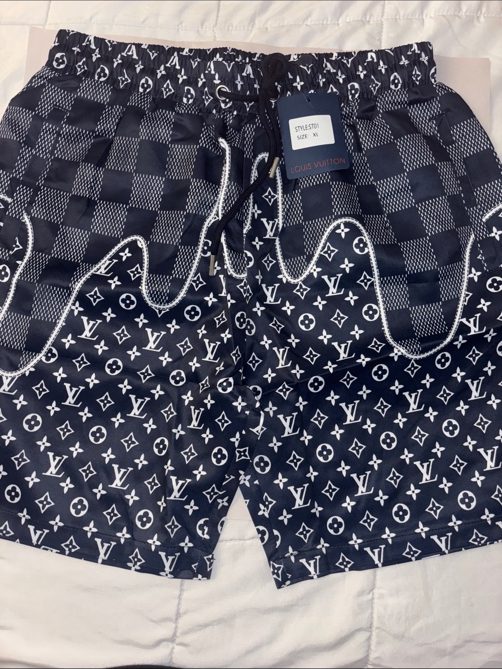 Louis Vuitton Black & White Monogram Checker Swim Trunks